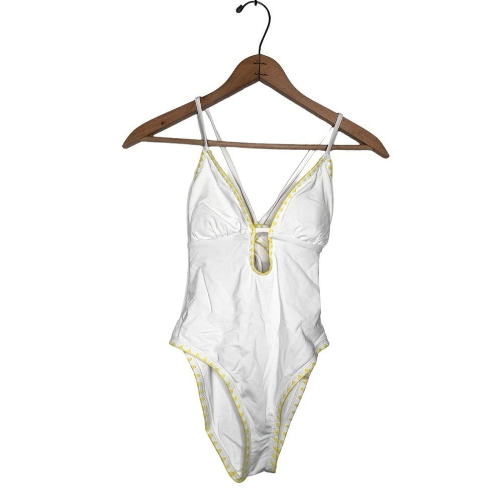 Lucky Brand | Shell Stitch White Plunge Neck One Piece Swimsuit Size Small